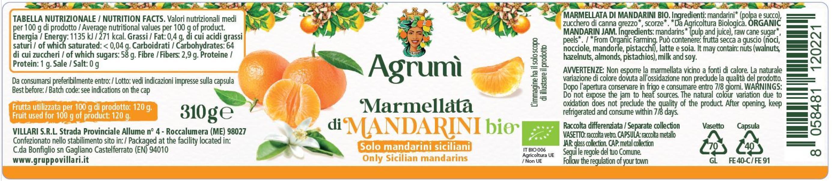 Marmellata di Mandarini BIO Agrumi - Ricetta tradizionale - Confezione da 6 vasetti da 310gr