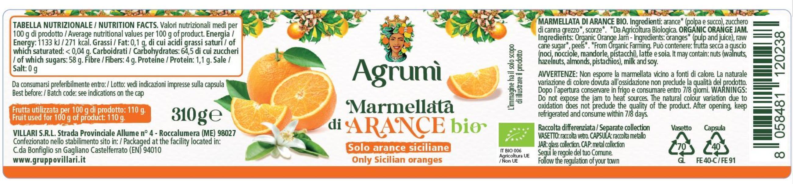 Marmellata di Arance BIO Agrumi - Ricetta tradizionale - Confezione da 6 vasetti da 310gr