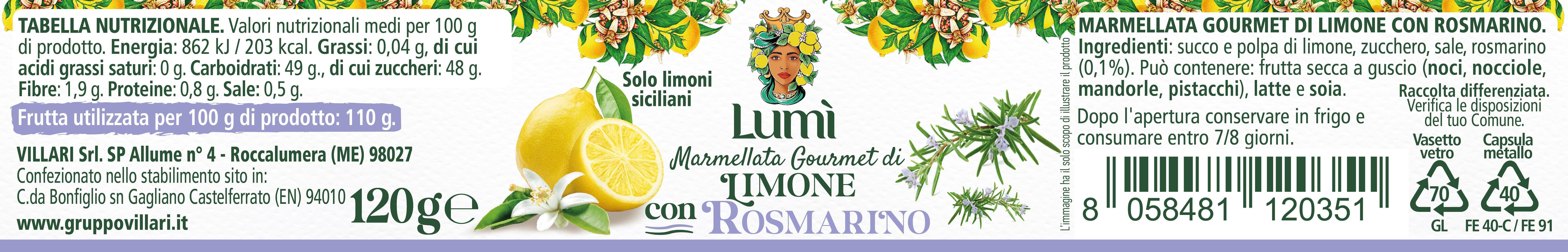 Marmellata gourmet Lumi di limone e rosmarino - Confezione da 12 vasetti da 120gr