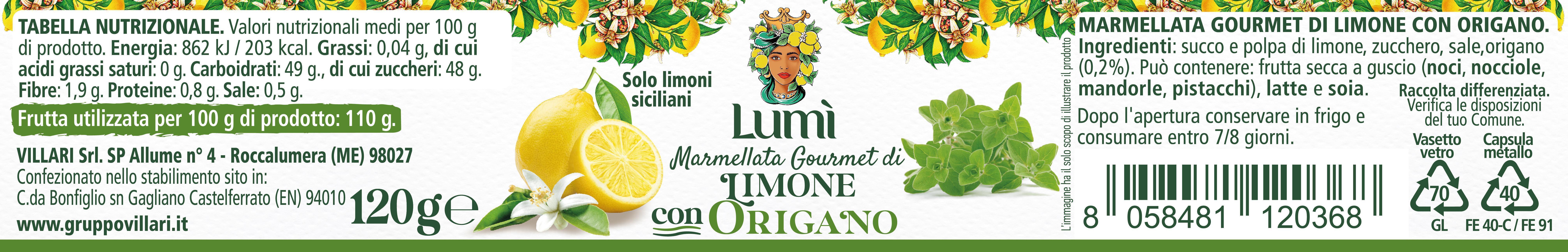 Marmellata gourmet Lumi di limone e origano - Confezione da 12 vasetti da 120gr